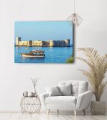 mavi denizde yüzen turist gemisi mersin kız kalesi kanvas tablo ev dekorasyon ürünleri Lavi Tasarım 'da!