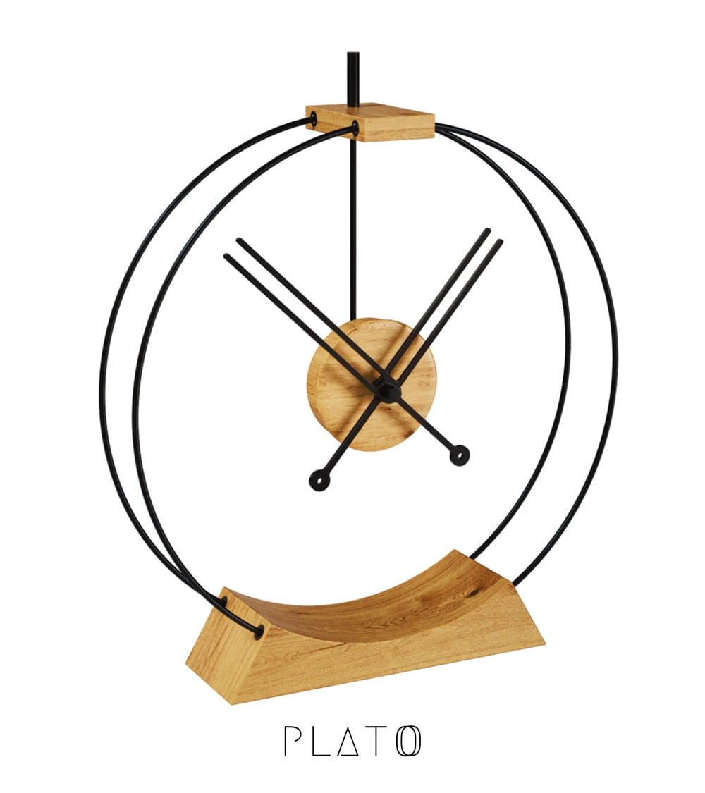 Lavi Tasarım Dekoratif Masa Saati Plato 35 beyaz arka fon meşe siyah akrep siyah renk klasik bir saat