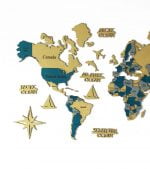 Beyaz zemin üzerinde hardal, mavi, yeşil, füme renklerde ülkeleri gösteren Azul 3D Ahşap Dünya Haritası